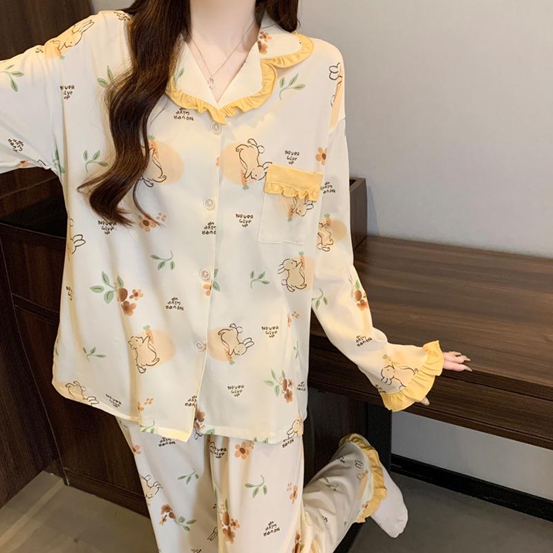 Imitation cotton ruffle leaf edge pastoral cute rabbit girl pajamas autumn long-sleeved cartoon soft glutinous loungewear two-piece set