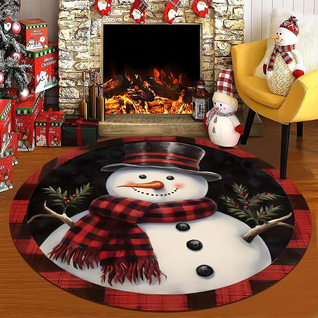 1Pcs Christmas Snowman Buffalo Plaid Print Round Area Rug Indoor Non-Slip Washable Fiber Carpet Soft Comfortable Mat For Bedroom Living Room