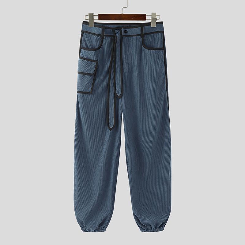 INCERUN Men Zip-up Waist Stitching Belt Corduroy Casual Long Harem Pants Trousers 