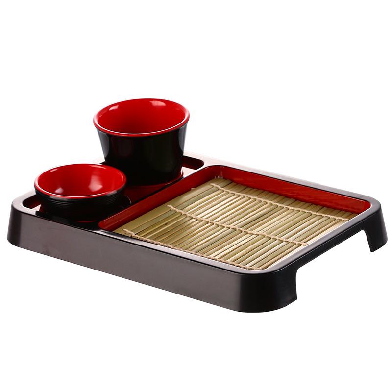 Set de Farfurii pentru Tăiței Reci Japonezi și Sushi cu Covoraș de Bambus