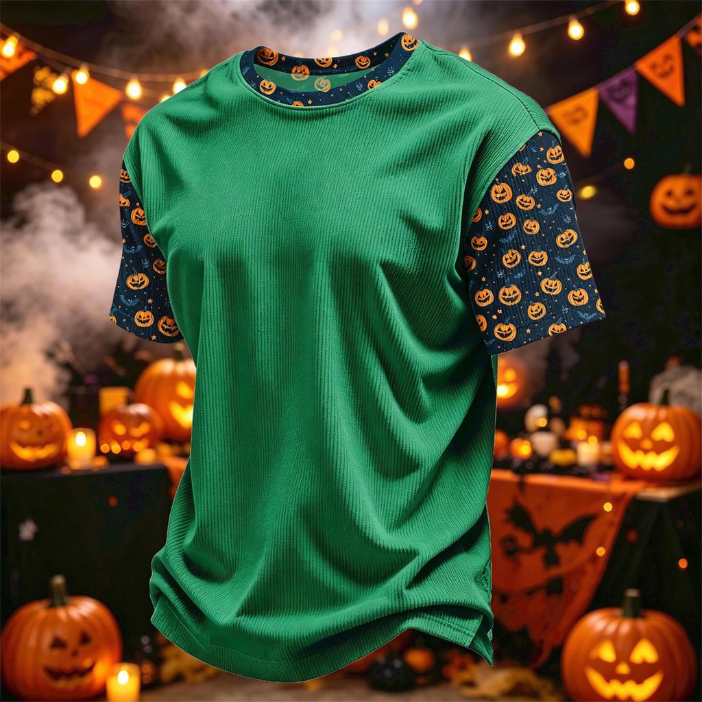 Herren Freizeit Corduroy Kurzarm T-Shirt Leicht Atmungsaktiv Rundhals Oberteil mit Halloween Print Ärmeln und Kragen Design