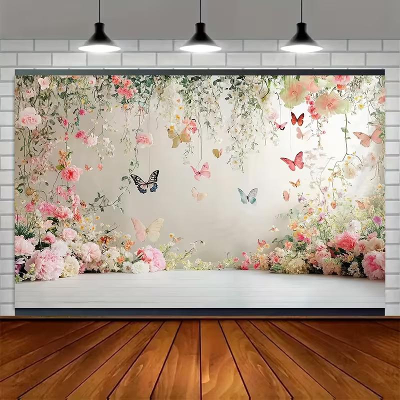 2D Pastel Floral Backdrop, Delicate Hanging Flowers and Colorful Butterflies