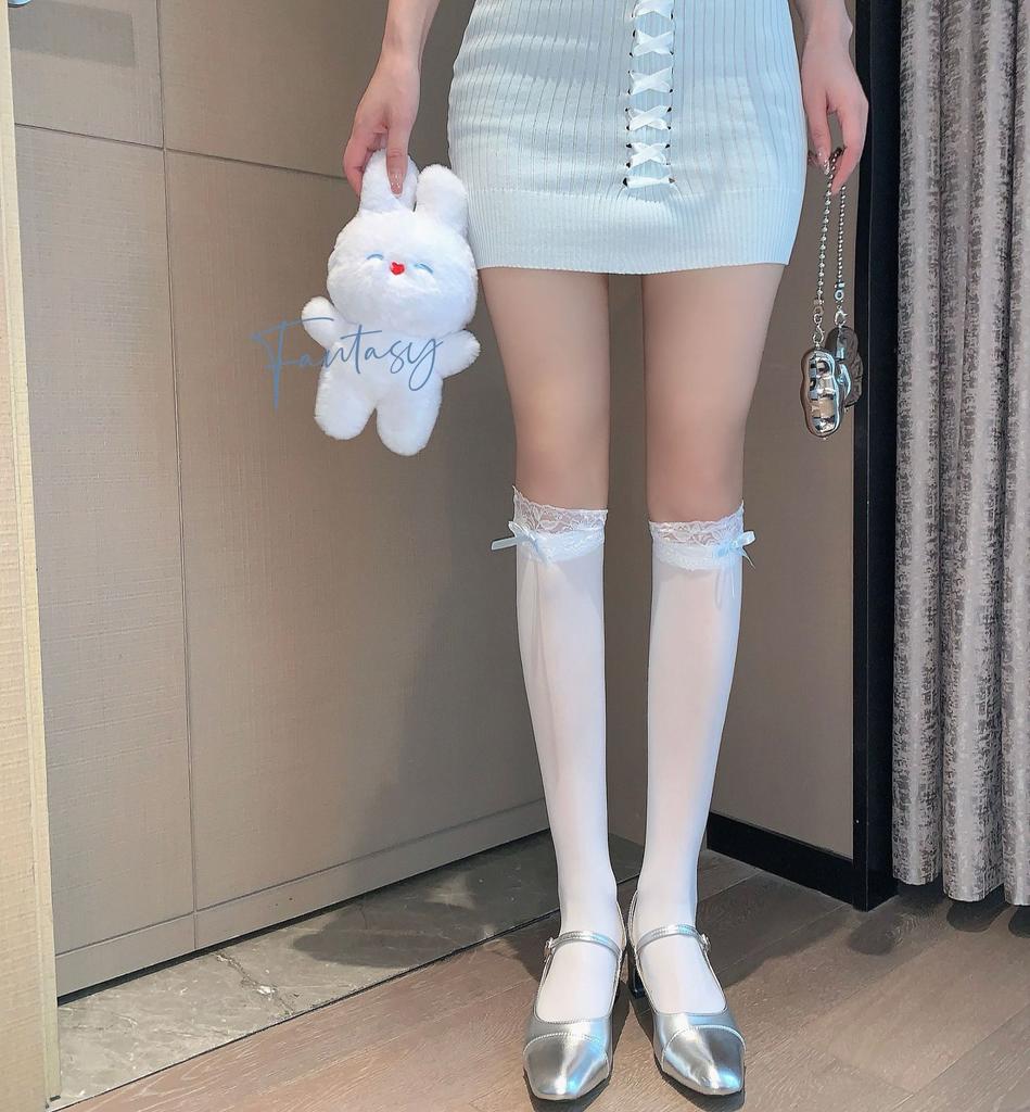Lolita Pure Desire Summer JK Bow Velvet Ballet Stacking Socks Medium Tube Socks Lace Calf Socks