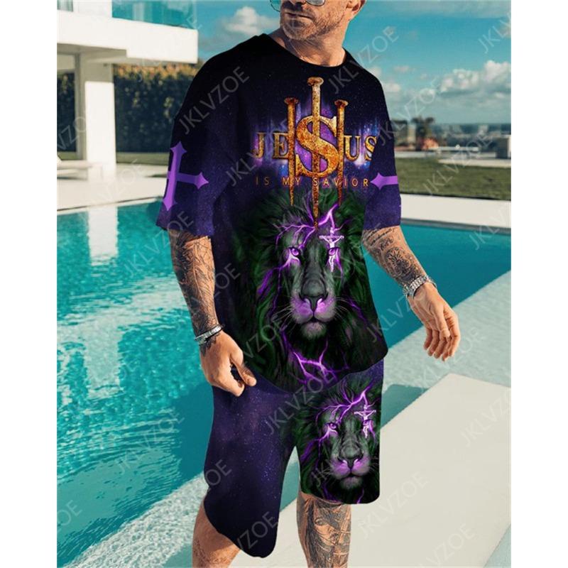 Casual round neck 3D printed shorts set, comfortable and loose S