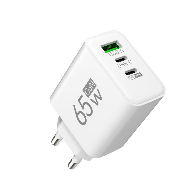 65W GaN Reise-Ladegerät EU-Stecker Dual USB C + USB A Port Schnelllade-Wandadapter Kompaktes Ladegerät für Telefon Laptop Tablet