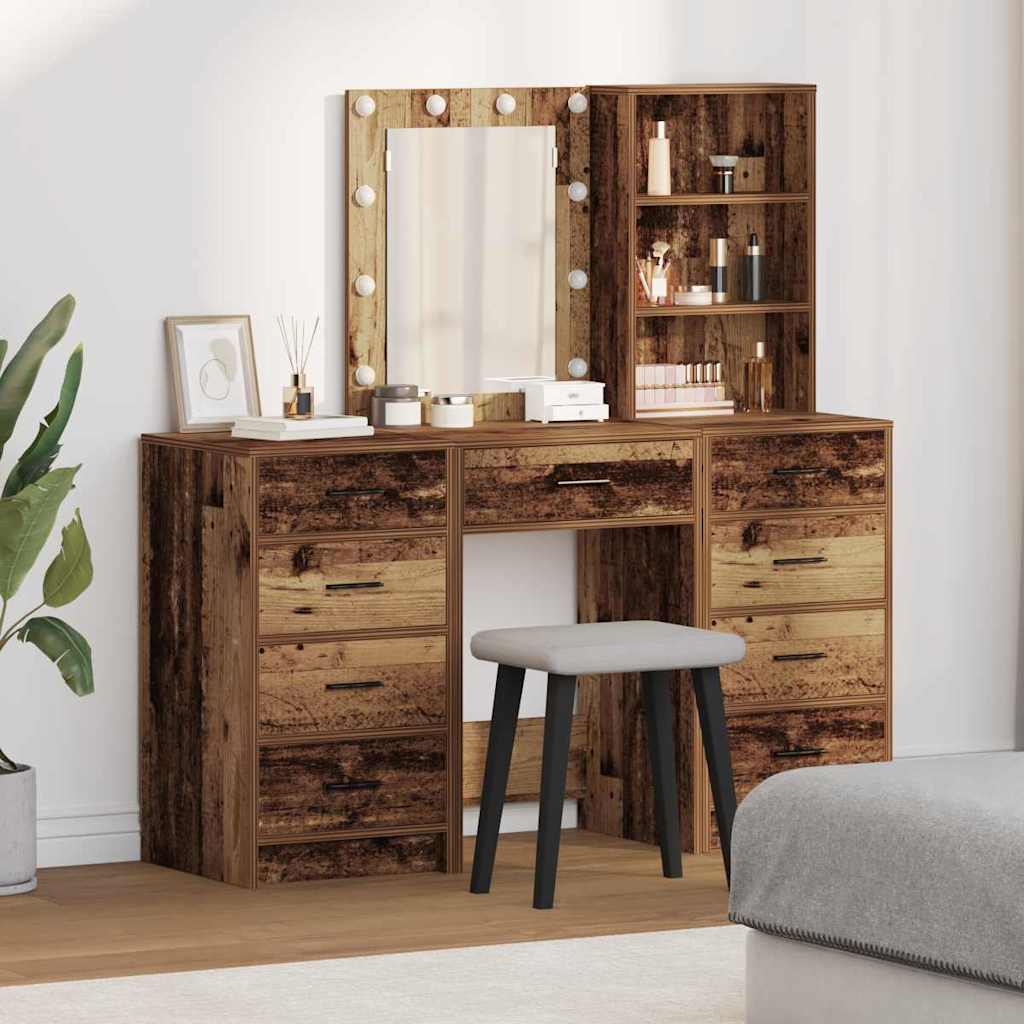 Makeup Table with Mirror Lighting (3 pcs) Brown Particleboard