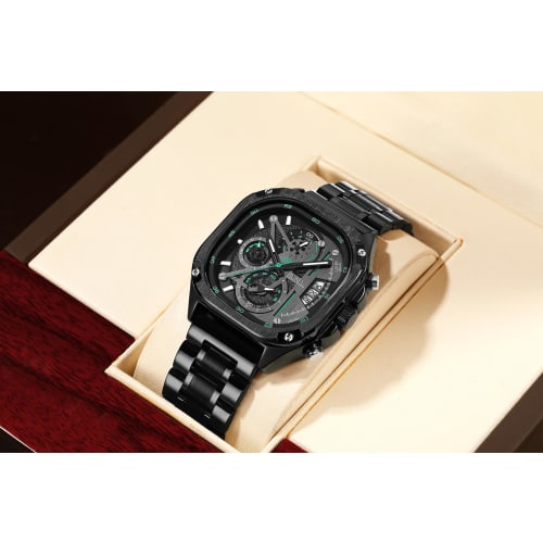 BUREI Men's Rectangular Face Chronograph Quartz Watch, Analog, Waterproof, Date, Stainless Steel, Black, Gift for Men