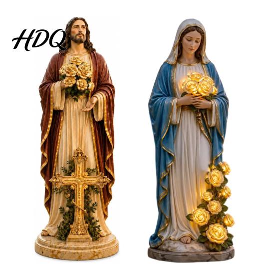 Decoración Religiosa para Exteriores Estatua de Luz de Jardín de la Santísima Madre con Flor Lámpara USB Adorno Resistente a la Intemperie Rosa Brillante Decorativa para Cristianos
