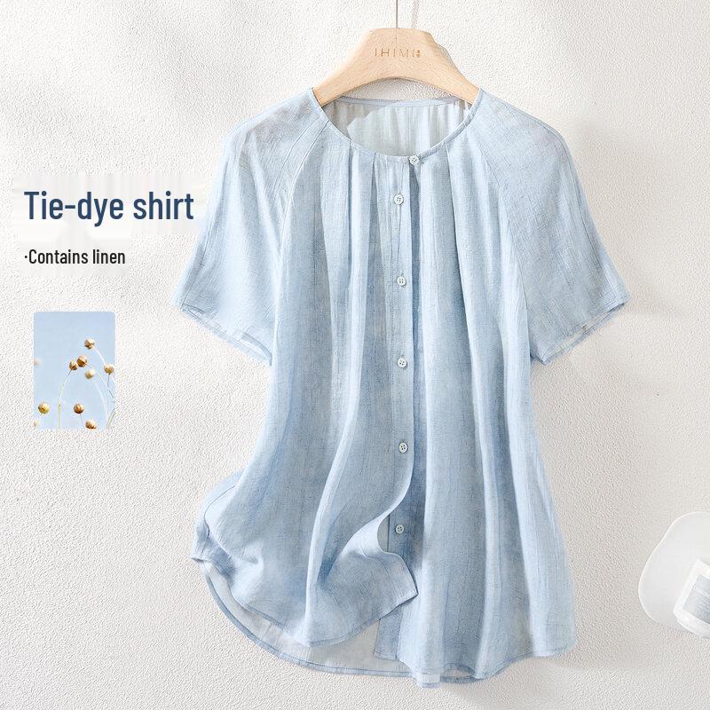 IHIMI Women s Linen Blend Ombre Print Short Sleeve Blouse 2XL