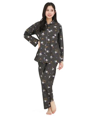 SAZAC Kuromi Hemd Langarm und Hose Loungewear Pyjama, Popeline, 100% Baumwolle, Damen Set, (Schwarz/M/SAN1902)