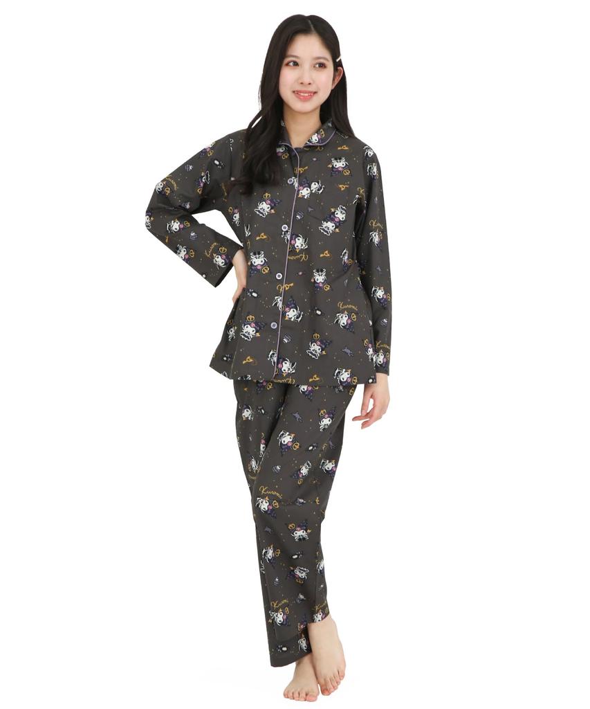 SAZAC Kuromi Shirt Long Sleeve and Pants Loungewear Pajamas, Broadcloth, 100% Cotton, Women's Set, (Black/L/SAN1902)