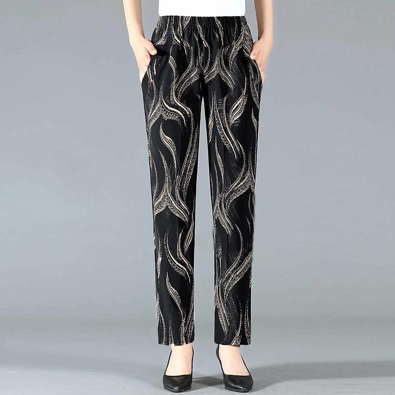 WTEMPO Retro Elegant Printed Elastic High Waist Thin Mother's Loose Cropped Pants Women's Spring Summer Ice Silk Wide Leg Pants