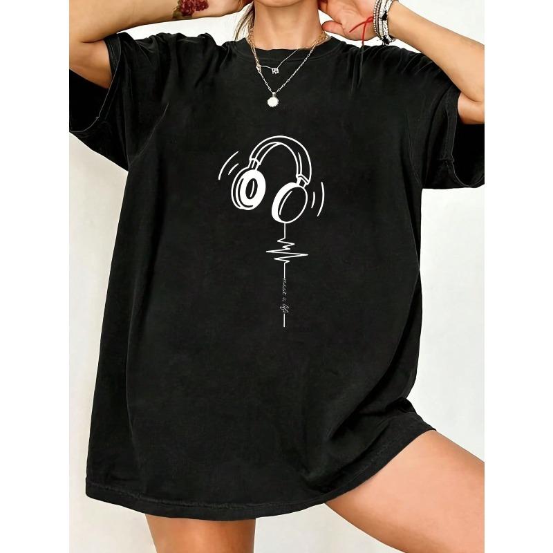 

Oversized T Shirt Black Headphones Music Wave Print Casual Wear For Women Streetwear Fashion Summer Outfit Music Lover Style S