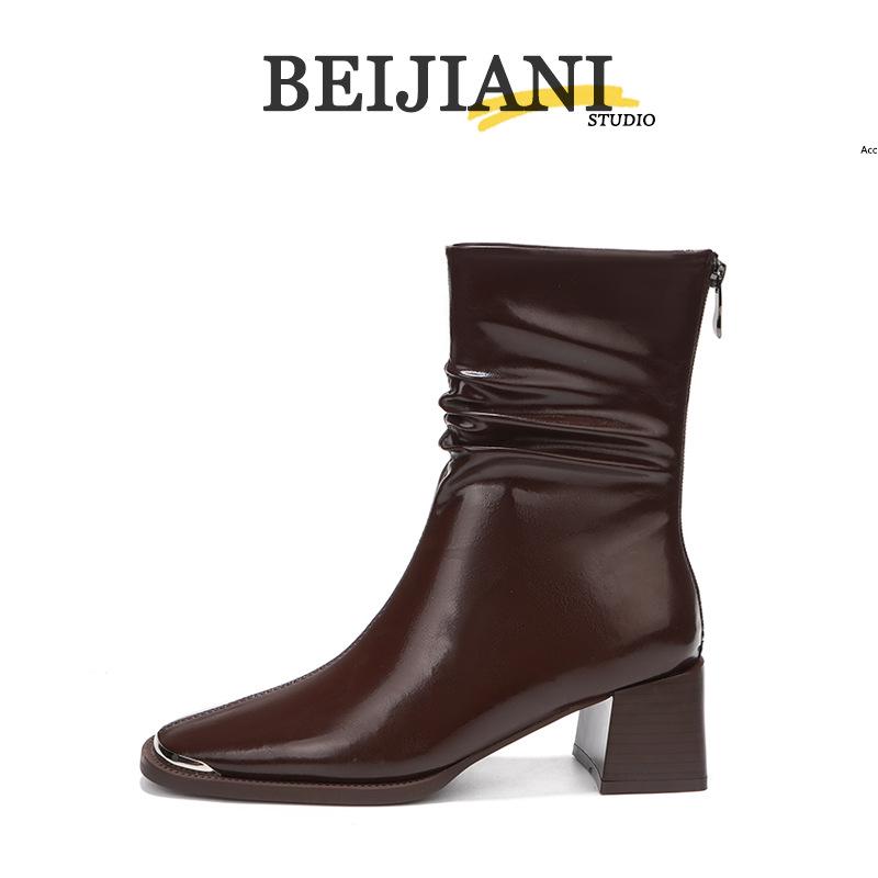 

BEIJIANI 5598-6 Женские ретро плиссированные ботильоны с квадратным носком на толстом каблуке - Осенне-зимний стиль 36 красный/коричневый