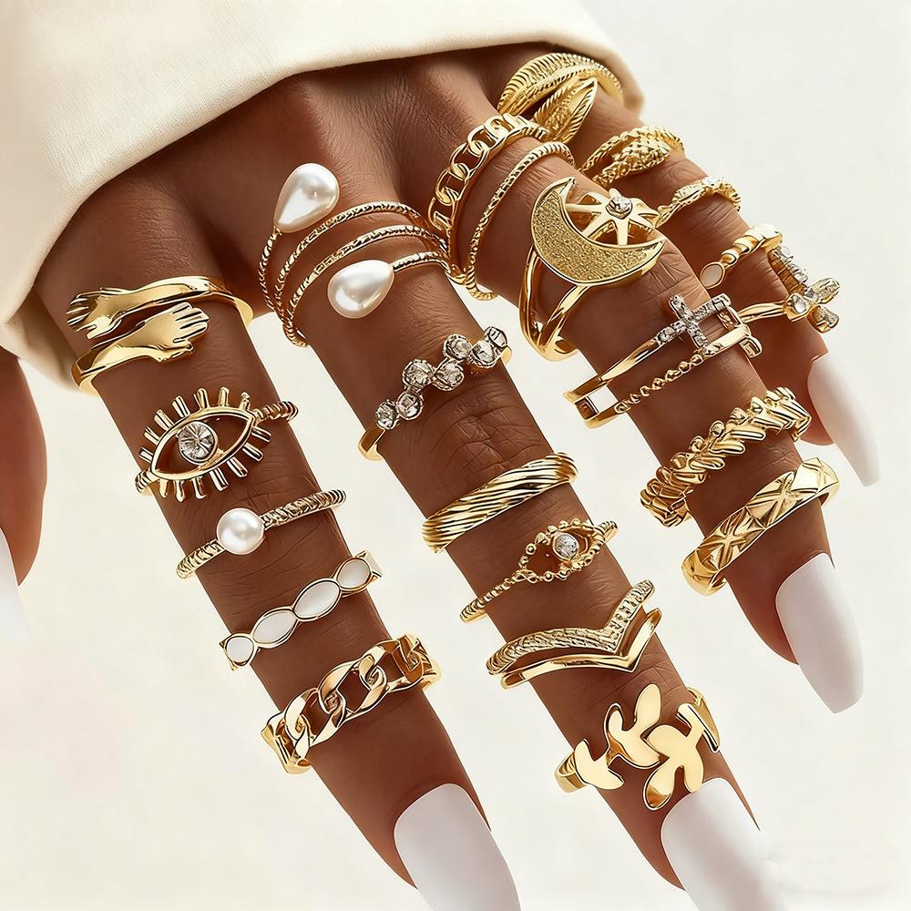 Hot Selling Eye Cross Leaf Multi-joint Stacked Ring Set Pearl Sun Moon Ring