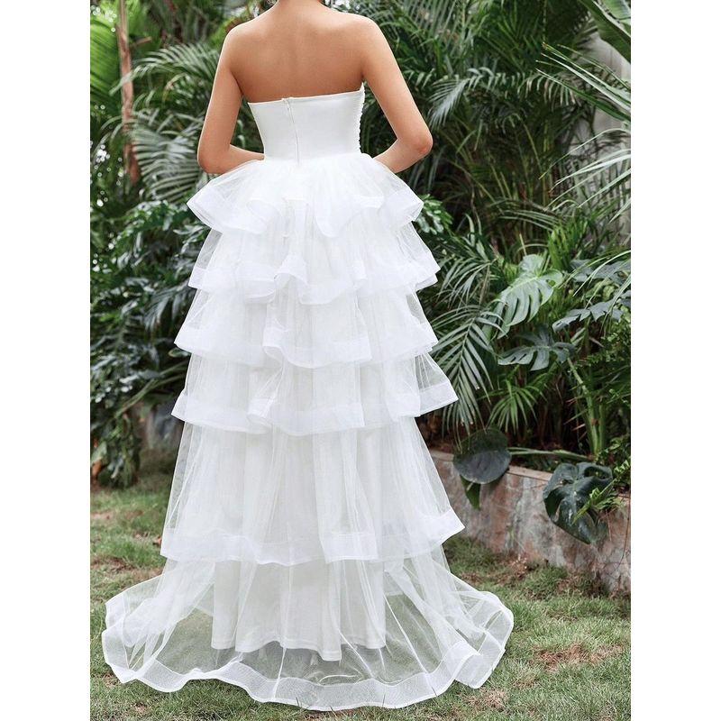 Export Single Graceful and Fashionable Bandeau Sexy Adult Lady Like Woman Banquet Evening Gown Light Wedding Travel Shoot Mesh Trailing Dress