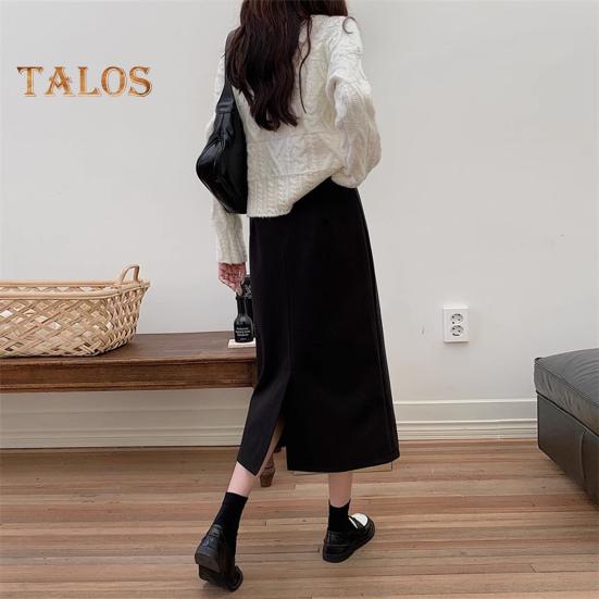 Women A-Line Skirt Elastic High Waist Solid Color Retro Slit Skirt Solid Autumn Winter Slimming Skirt