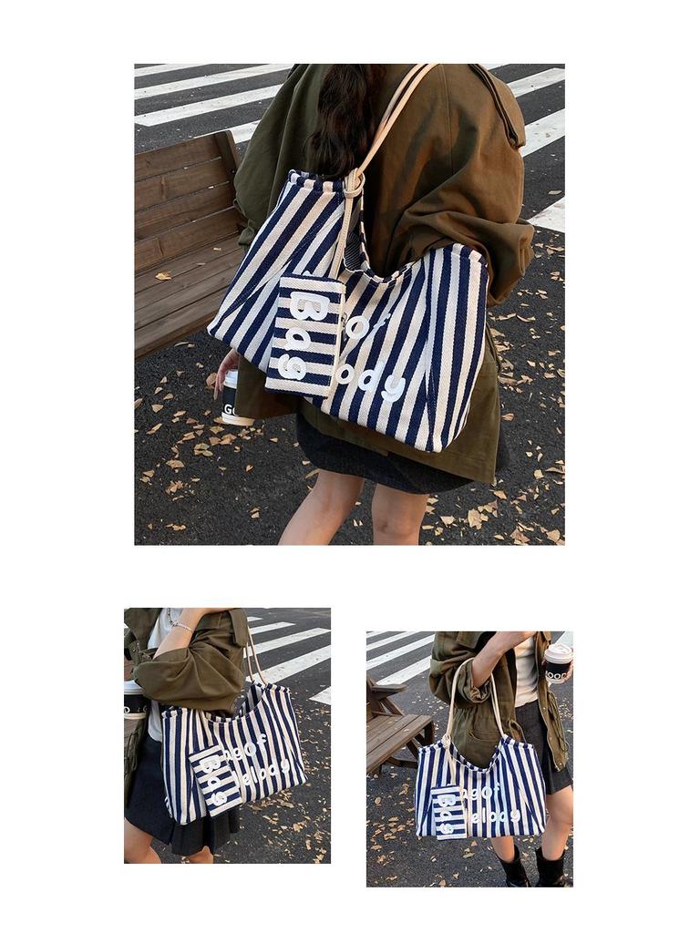 Canvas Striped Tote Bag - Women's College Style Handbag & Shoulder Bag
