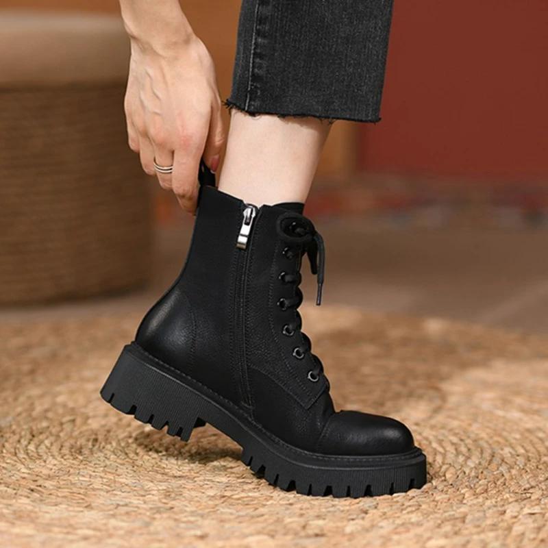 Fashion HOT Fall Shoes Round Toe Thick Heel Women Shoes Winter Women Boots Split Leather Boots Casual Platform Boots Motorcycle Boots