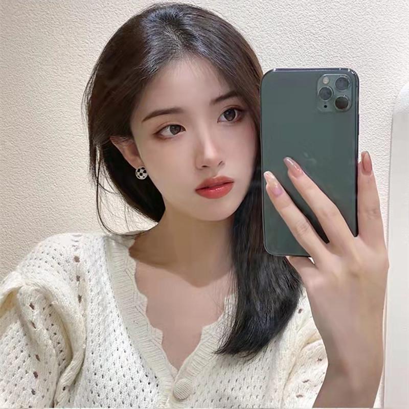 S925 Sterling Silver Needle Korean Drip Oil Black & White Plaid Round Stud Chessboard Pattern Dangle Earrings for Women.