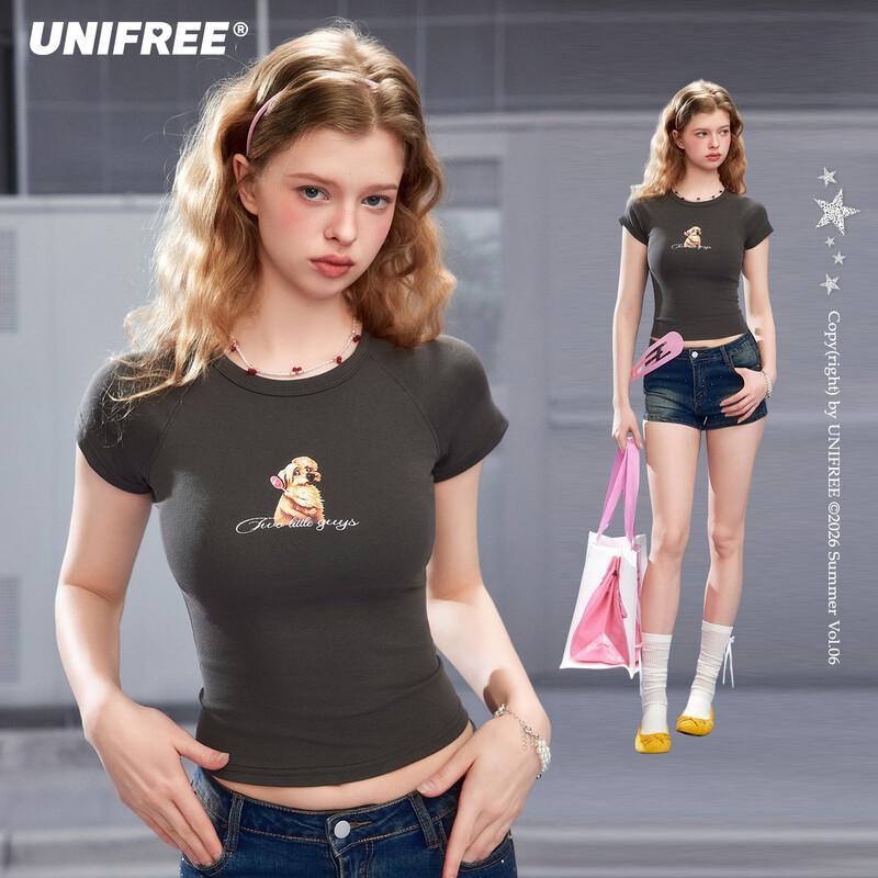 UNIFREE American Style Slim-Fit Puppy Print T-Shirt One Size