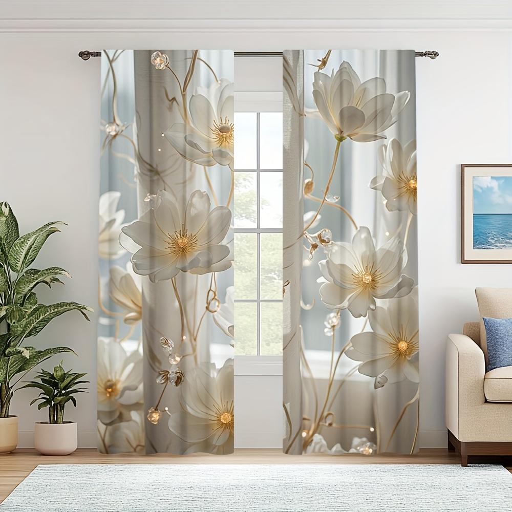 2pcs Gold Floral Crystal Print Curtains – Elegant White and Gold Blossom Design for Living Room Bedroom Office Kitchen and More