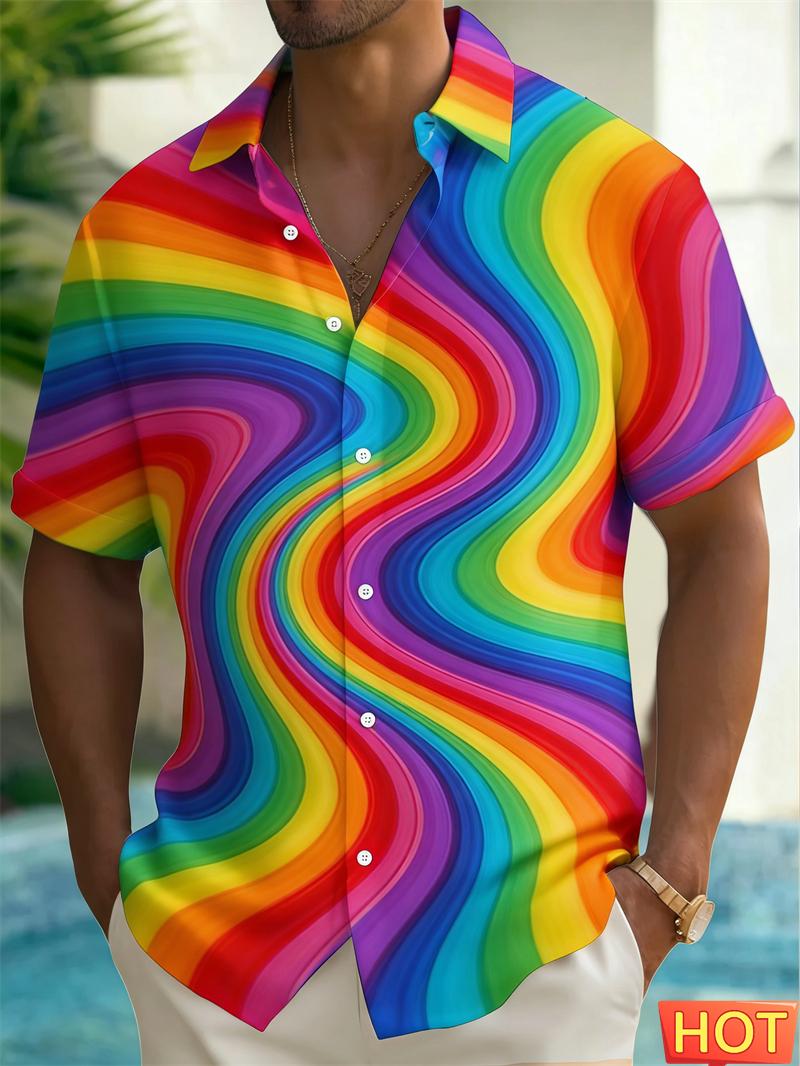 Rainbow stripe Graphic Men s Hawaiian Shirt 3D Print Casual Short Sleeve Button Down Summer Men Women Harajuku Colorful Shirt S