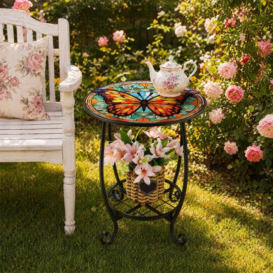 Huaqianguhh Outdoor Side Table, Round Small Mosaic Bird Butterfly Patio Accent, Indoor End Plant Coffee Tea Table for Yard Porch Garden Living