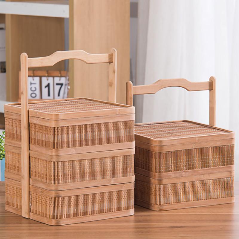Antique-Style 2-Tier Bamboo Snack Basket with Handle