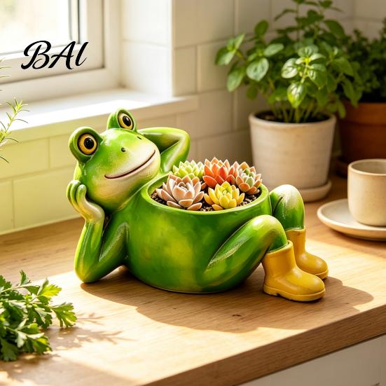 Small Succulents Pot Indoor Cute Lying Frog Planter, Decorative Resin Plant Pot, Funny Housewarming Gifts for Gardeners Container Outdoor Plants