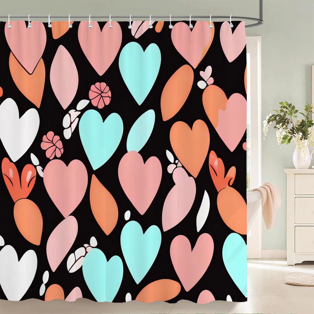 1Pcs Colorful Love Pattern Fabric Waterproof Shower Curtain, Home Decoration Romantic Heart Shape Bathroom Curtain, With Hooks