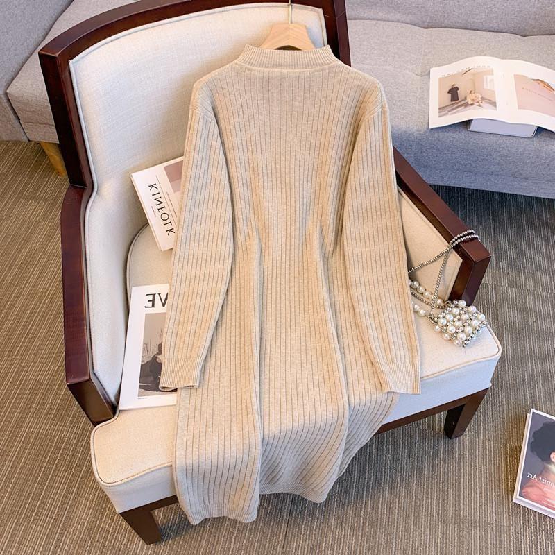 Übergröße Gestricktes V-Ausschnitt Langkleid - Koreanische Mode, Herbst/Winter, Lockere Passform, 3XL