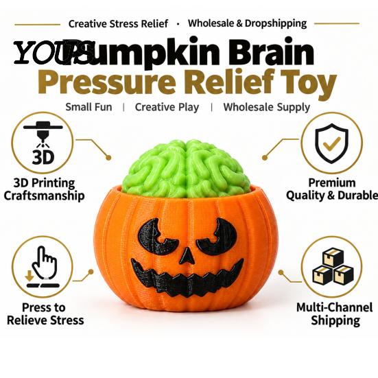 Desktop Plaything Halloween Pumpkin Stress Relief Toy, 3D Printed Sensory Fidget Realistic Gift for Friends Soft Rebound Brain Shape Squeeze