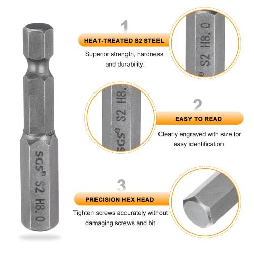 uxcell H8 Hex Bit, 8mm, Single-Head, Magnetic, for Electric Screwdrivers, 50mm Long, S2 Steel, for Electrical Construction, DIY, and Home Repairs