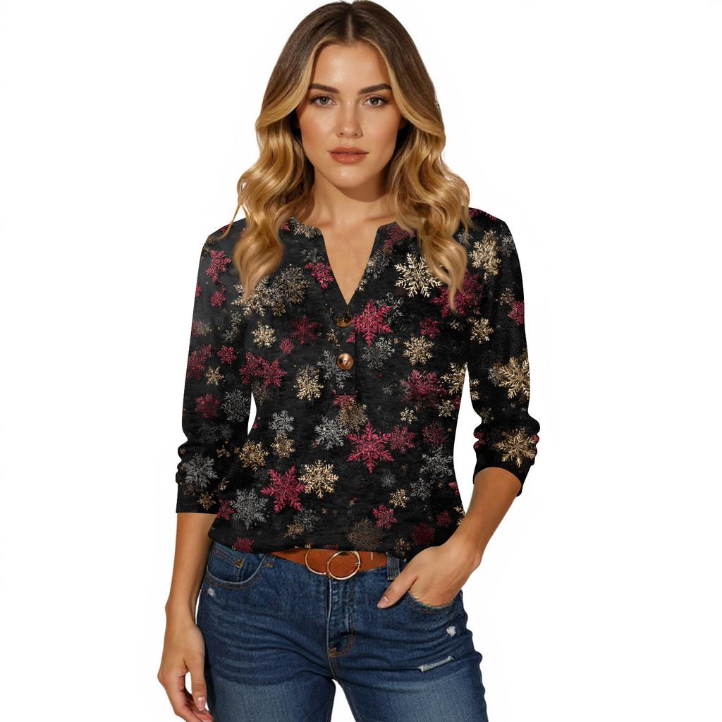 Women's T Shirt Print Button 3/4 Sleeve Daily Weekend Fashion Basic V- Neck Regular Top