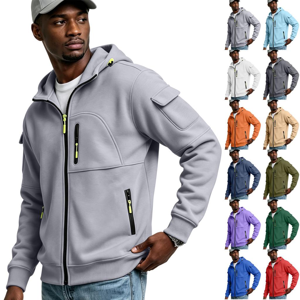 Men's Multi-Pocket Zip-Up Hoodie Casual Jacket for Outdoor Sports