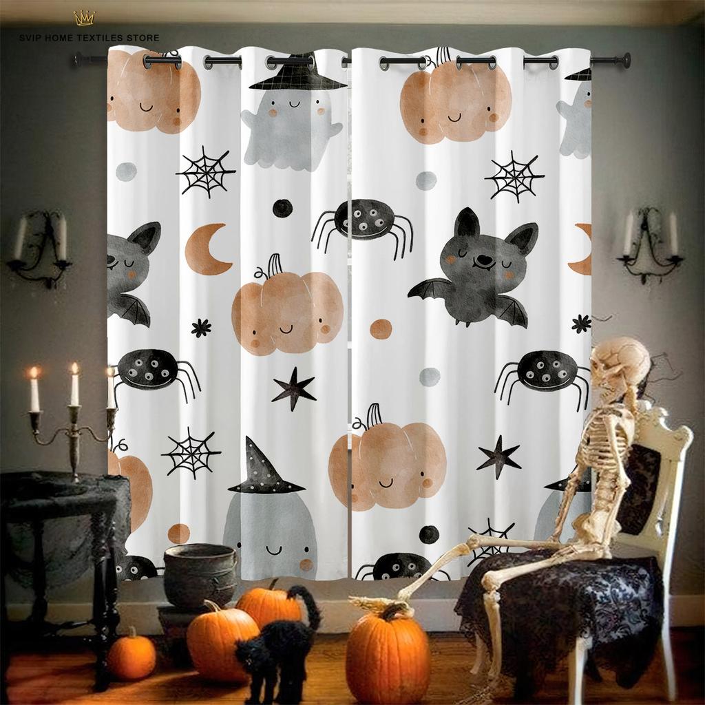 Halloween Decorative Curtains for Children's Room, Horror Cartoon Skull Print, Restaurant, Holiday Party