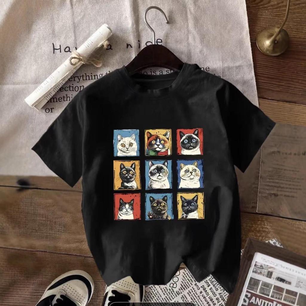 Randig kattansiktst-shirt - Rundhalsad, Kortärmad, Avslappnad topp i 9 färger