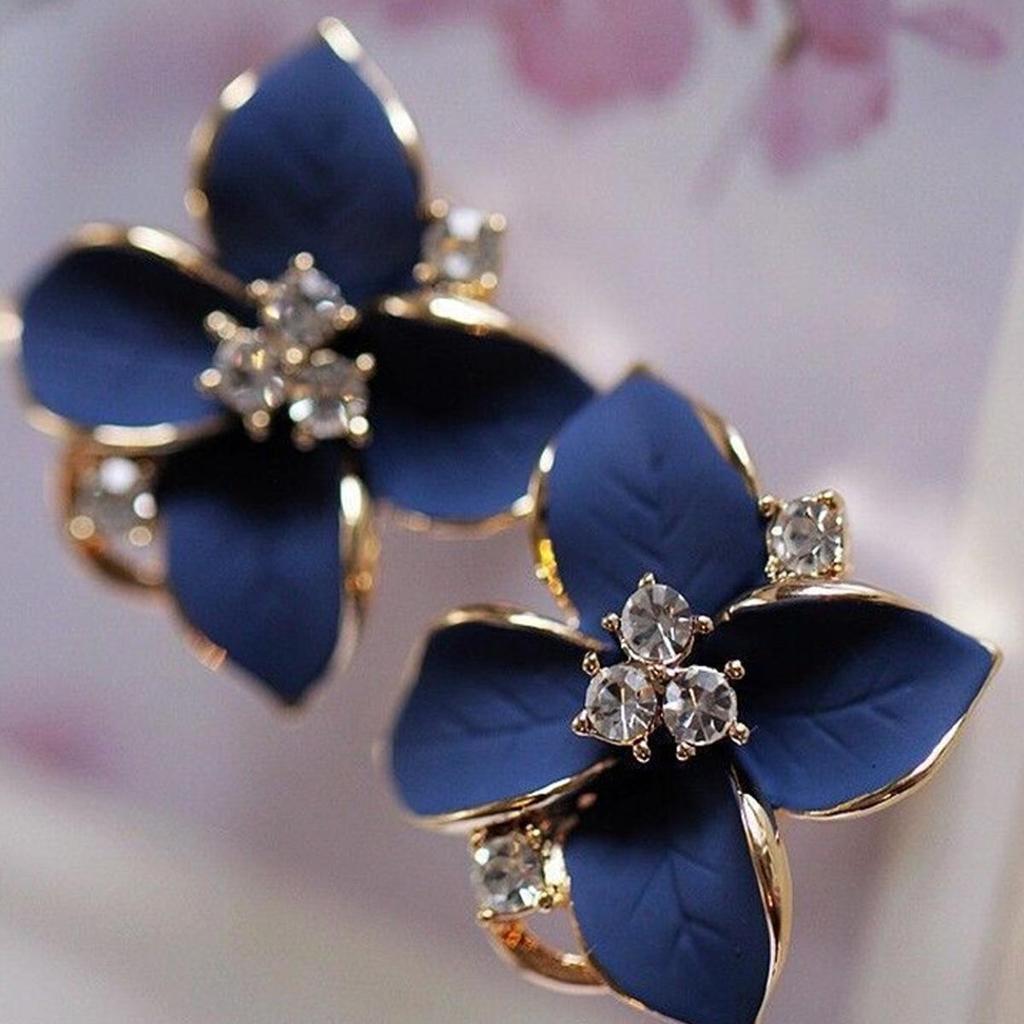 Royal Blue Camellia Earrings: Women's 3D Frosted Clip-Ons In Korean Fashion Style
