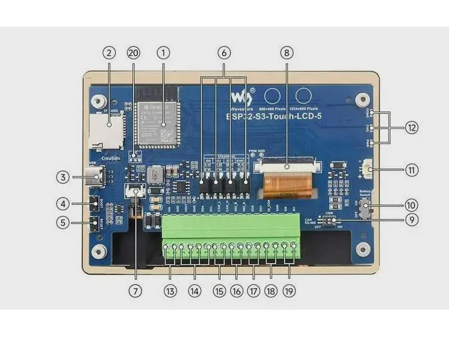 ESP32 S3 Dev Board with 5" 1024x600 Touch LCD, LVGL, CAN/RS485, and Sensor.
