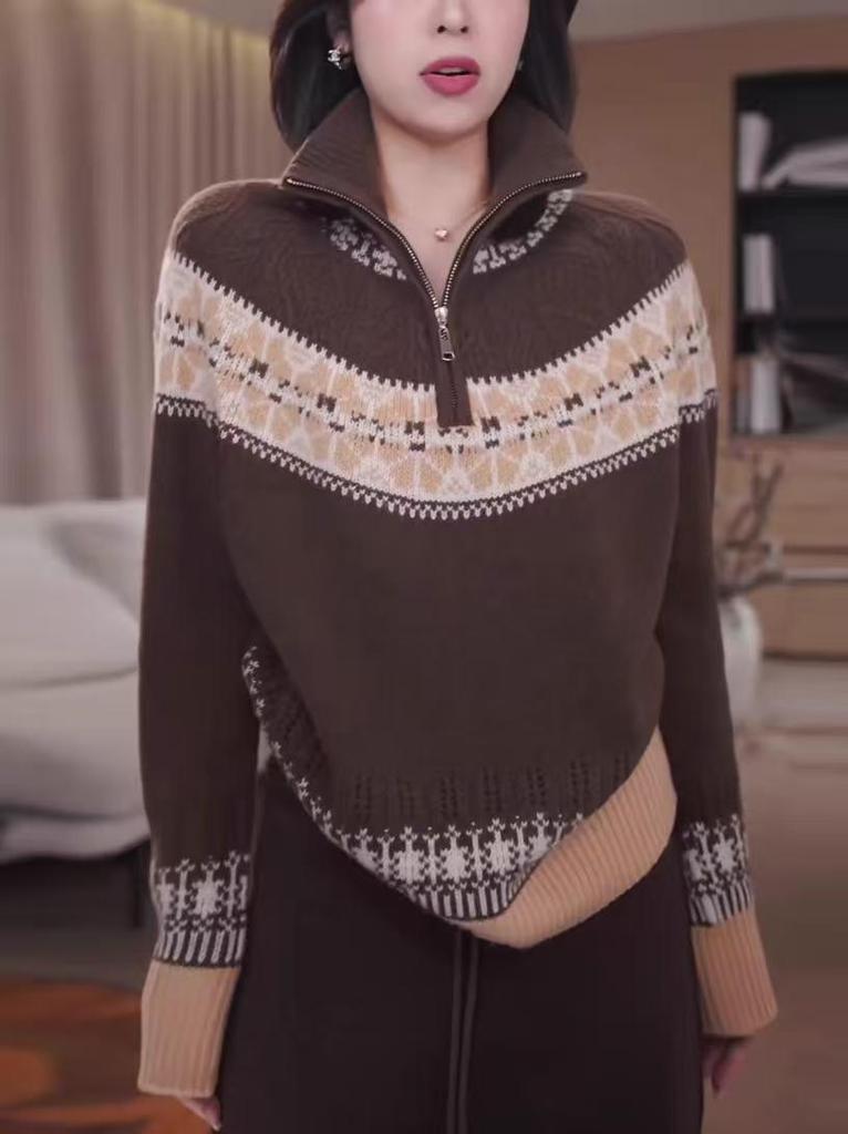 Nordic Retro Jacquard Wool Women's Half-Zip High-Neck Sweater