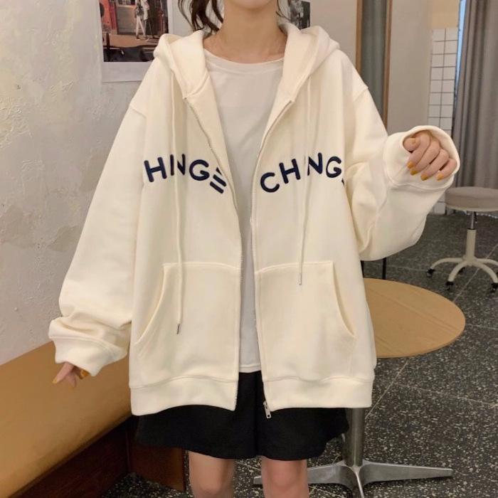 Women's 65% Cotton Embroidered Hooded Sweatshirt - Korean Style Loose Zip-up Jacket (2025 Student Collection)