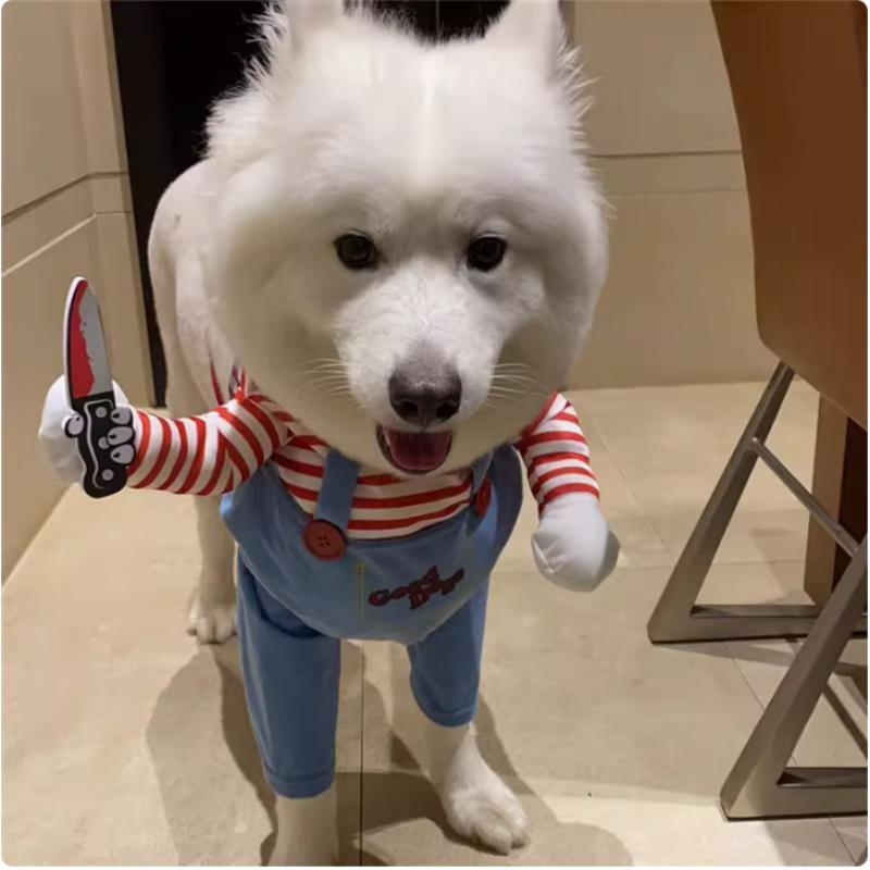 Funny Dog Horror Movie Clothes Sweatshirt Set Cosplay Chucky Pet Party Costume Comical Outfits Halloween Dress Jumpsuit