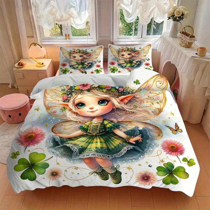 3pcs Lovely Tinker Bell Printed Quilt Set Soft and Comfortable Quilt Cover for Bedroom, Guest Room Bedding Set B058