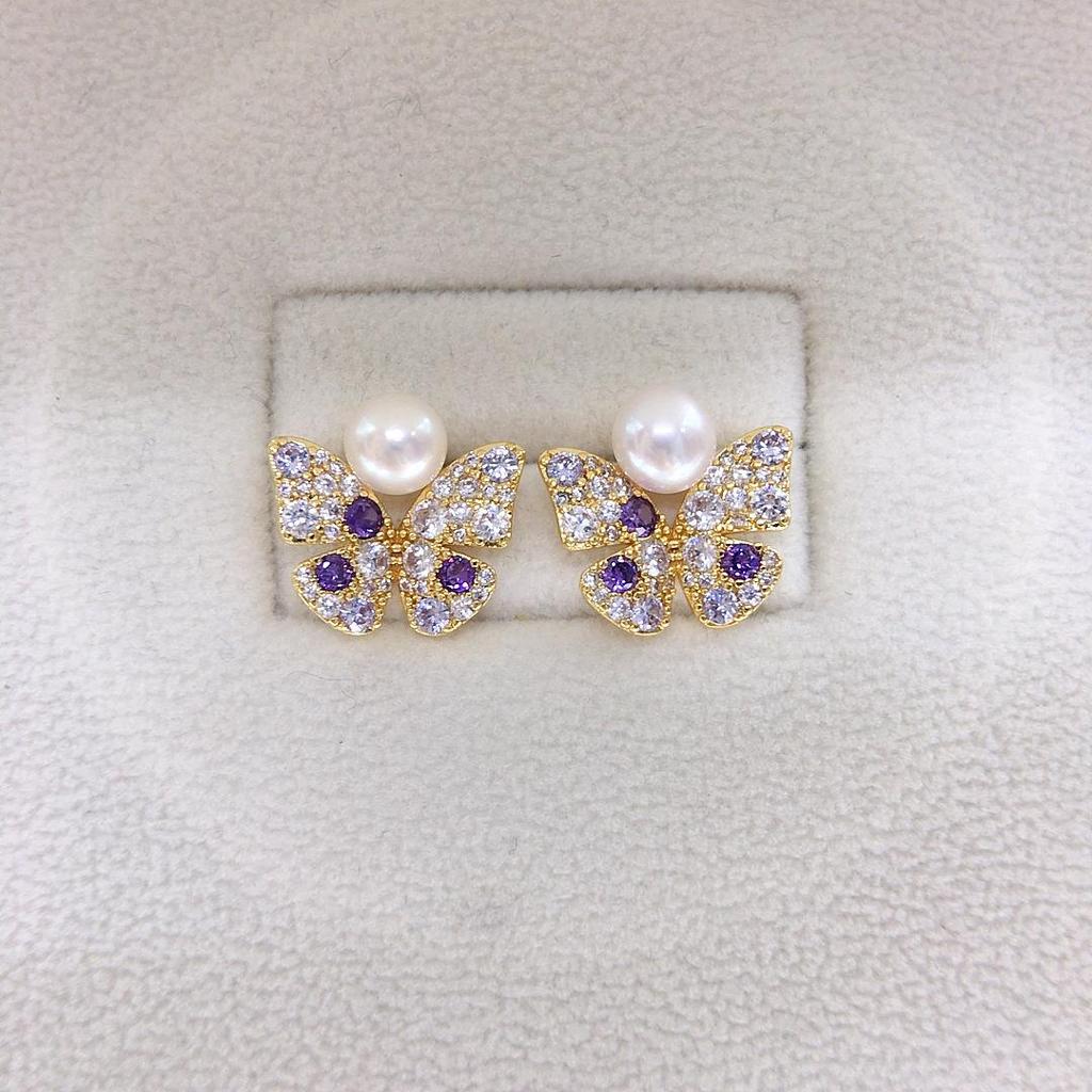 Zhuji Freshwater Pearl and Diamond Butterfly Stud Earrings for Women