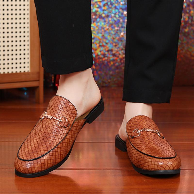 Fashion New Men Half Slippers Loafers Male Casual Woven Pattern Black Brown White Mules Moccasins Breathable Driving Shoes