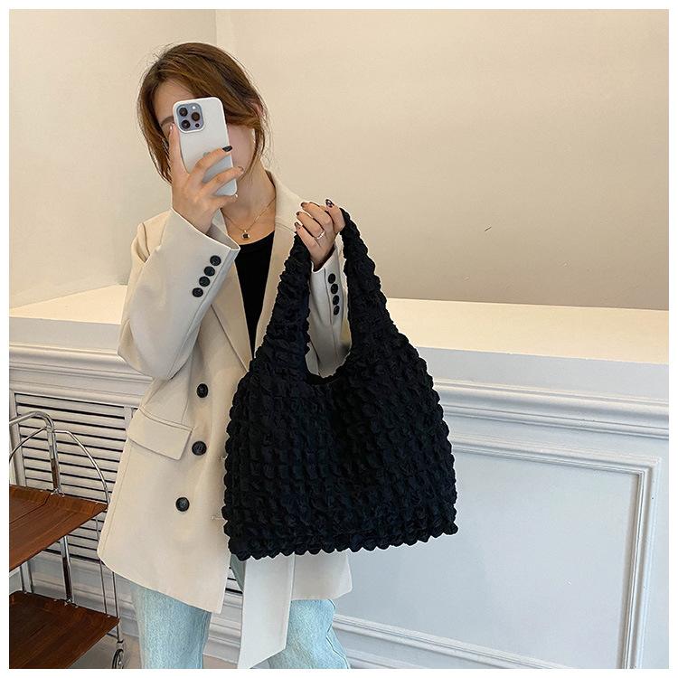 Wrinkle Design Nylon Bucket Bag Open Top Shoulder Crossbody Purse for Women