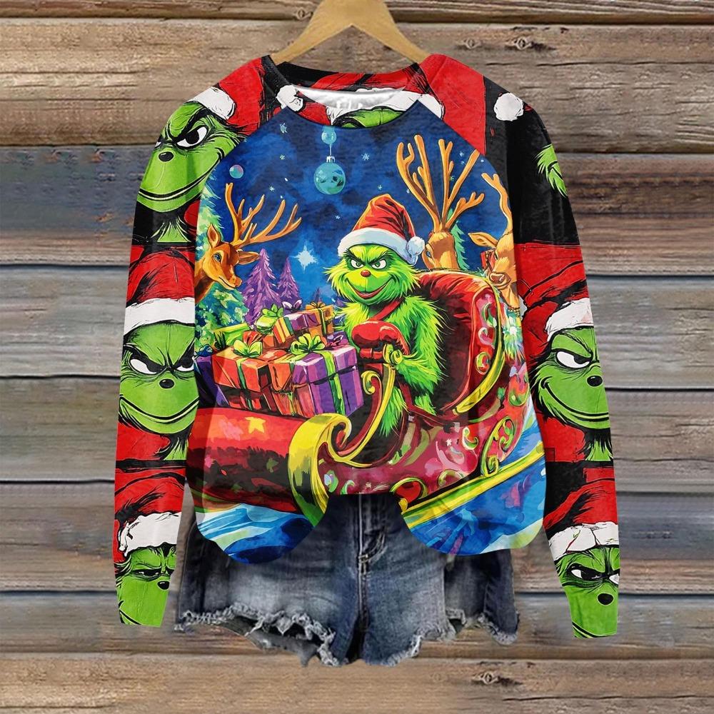 Christmas Fashion Men and Women's Pullover Green Monster Print O-Neck T-shirt Top Casual Outdoor Sweatshirt Kids T-shirt Top Clothing