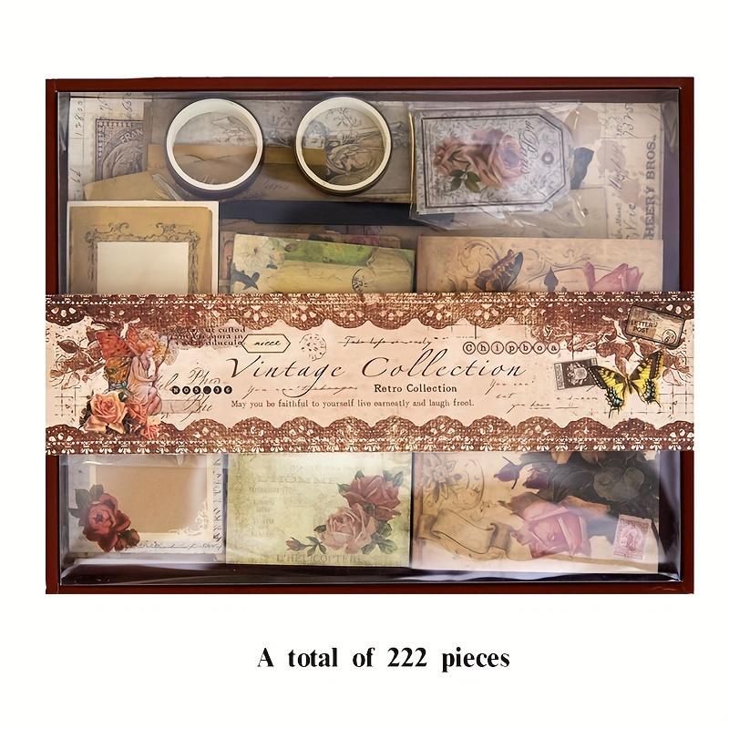 222 szt./Pudełko Materiały do Scrapbookingu, Zestaw Prezentowy w Stylu Retro, Motyw Czasu w Ogrodzie, Notatki, Materiały do Junk Journalingu, Prezenty na Sezon Powrotu do Szkoły