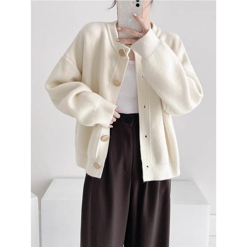 Autumn Winter Round Neck Solid Color Simple Knitting Outwear Women Casual Fashion Cardigan Coat Button Top